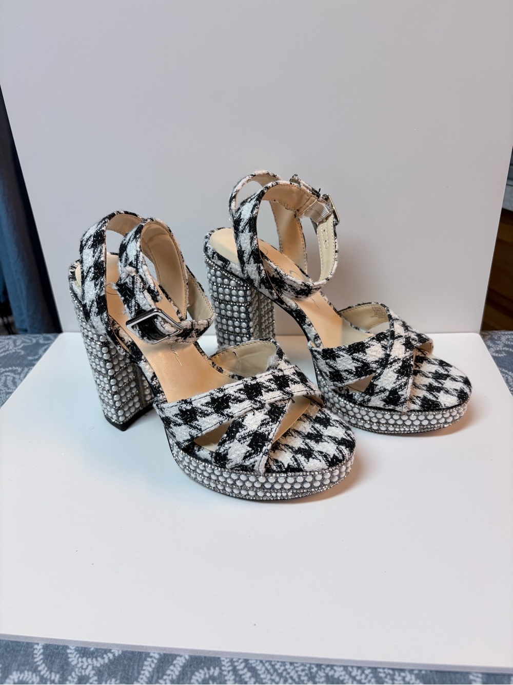 Black & White Houndstooth Platform Sandals with Rhinestone Heel